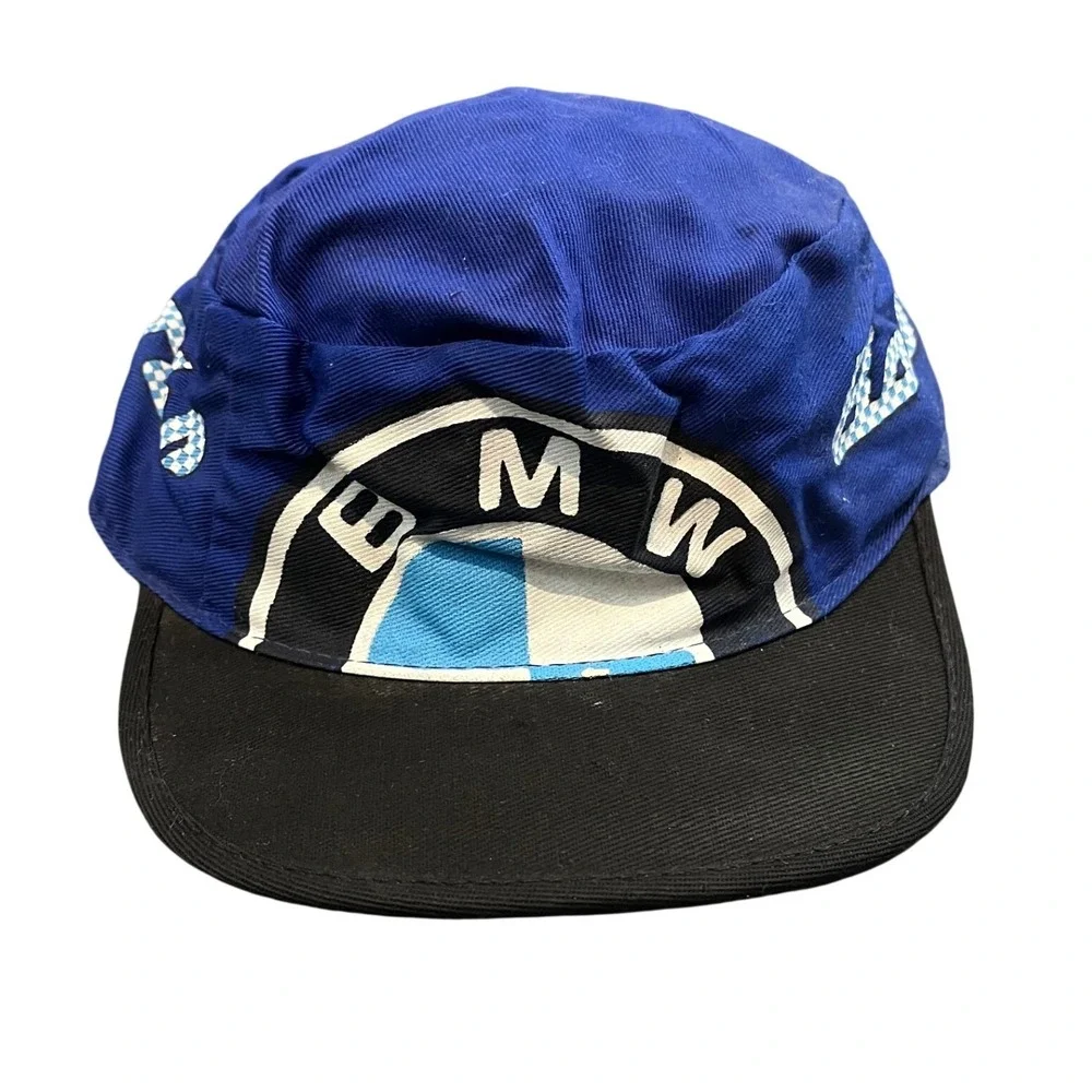 Vintage BMW Flat Brim Cap Mens OS Blue Black Bavarian Motor Works Racing Hat